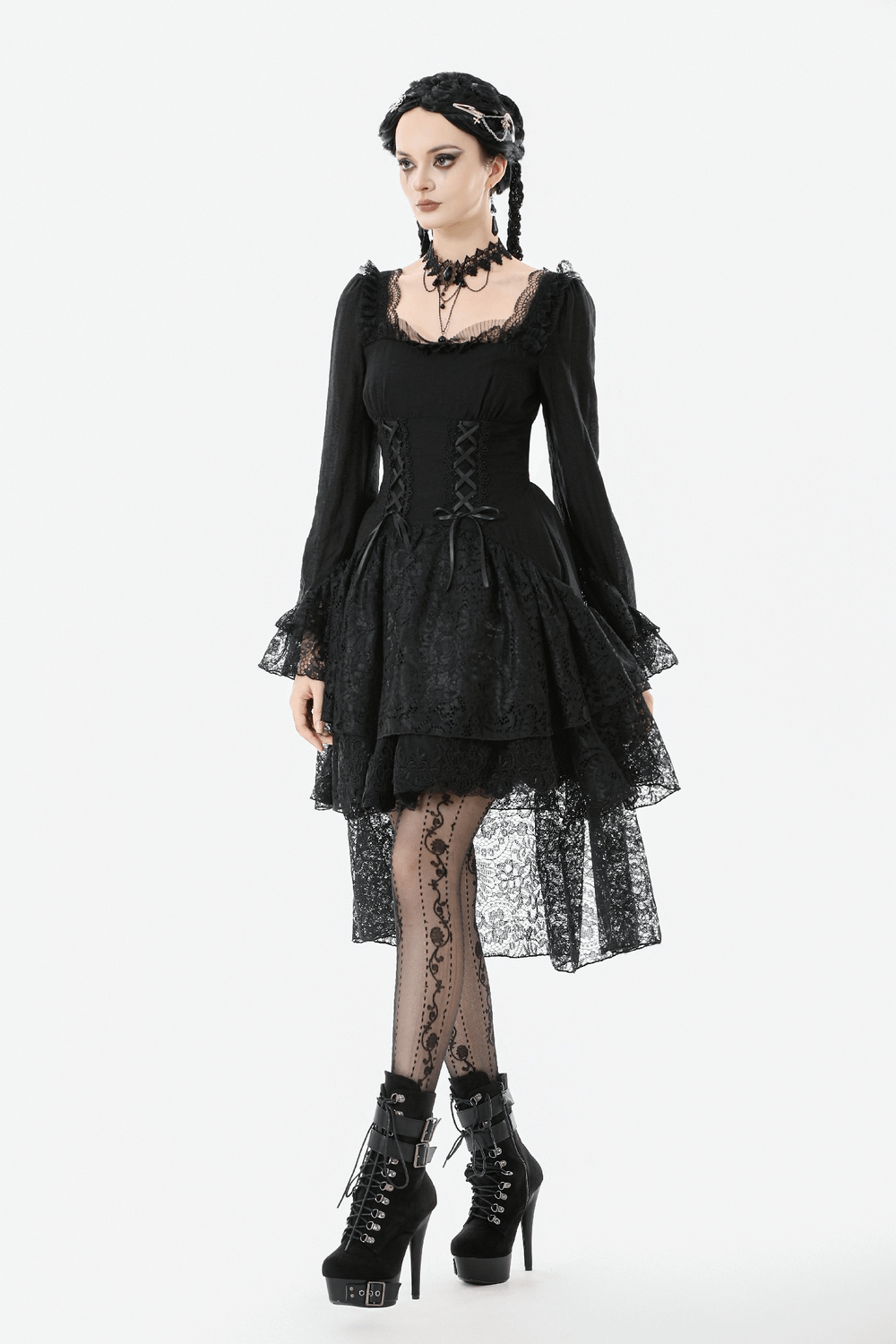 Gothic Black Lace Medieval Dress with Corset Detail on a model showcasing Victorian elegance and dramatic lace design.