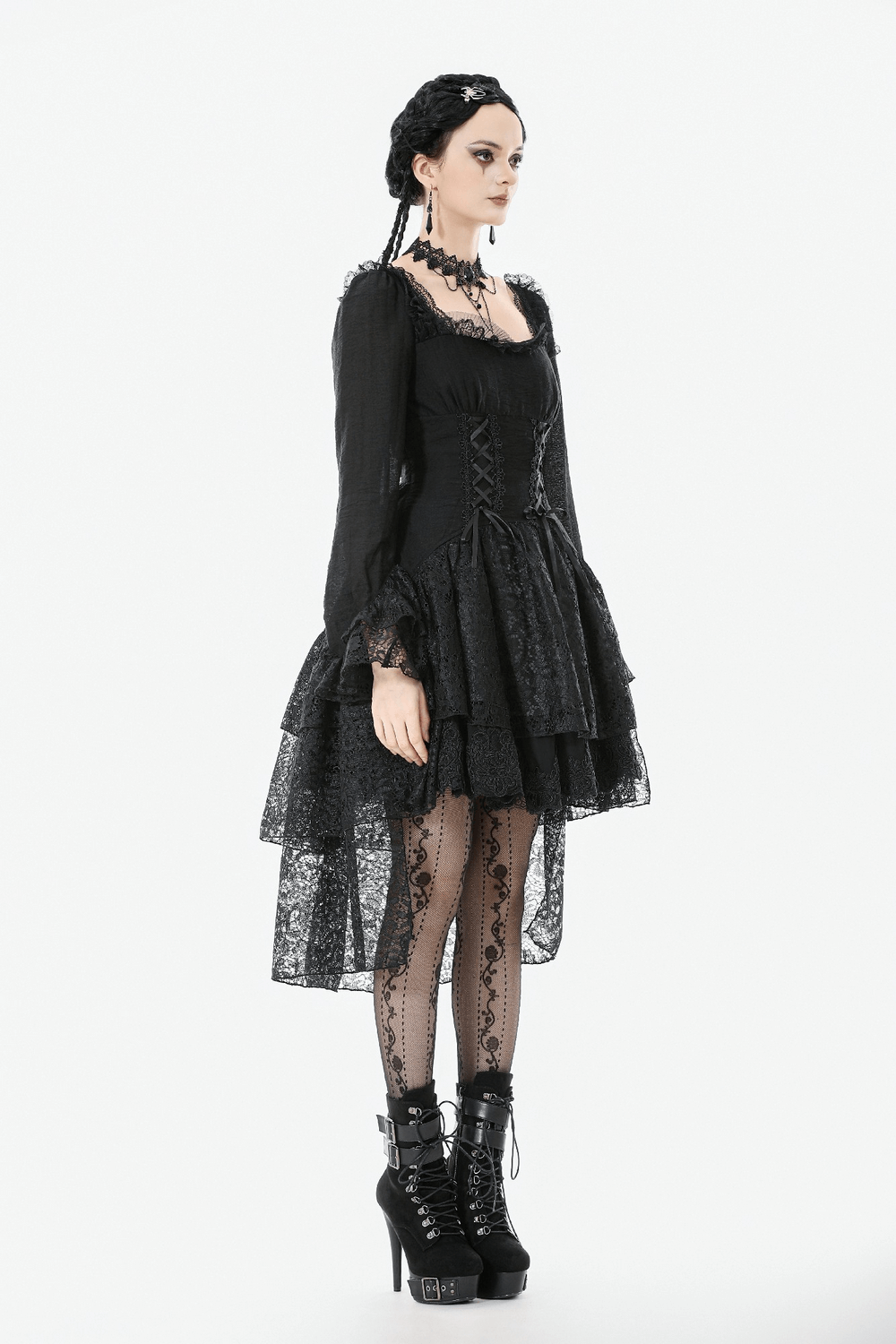 Gothic Black Lace Medieval Dress with Corset Detail on model, showcasing vintage elegance and dramatic flair.