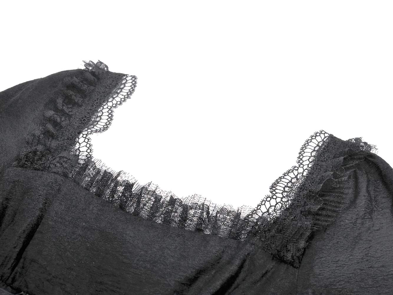 Gothic Black Lace Medieval Dress with Corset Detail showcasing intricate lace neckline detail and ruffled trim.