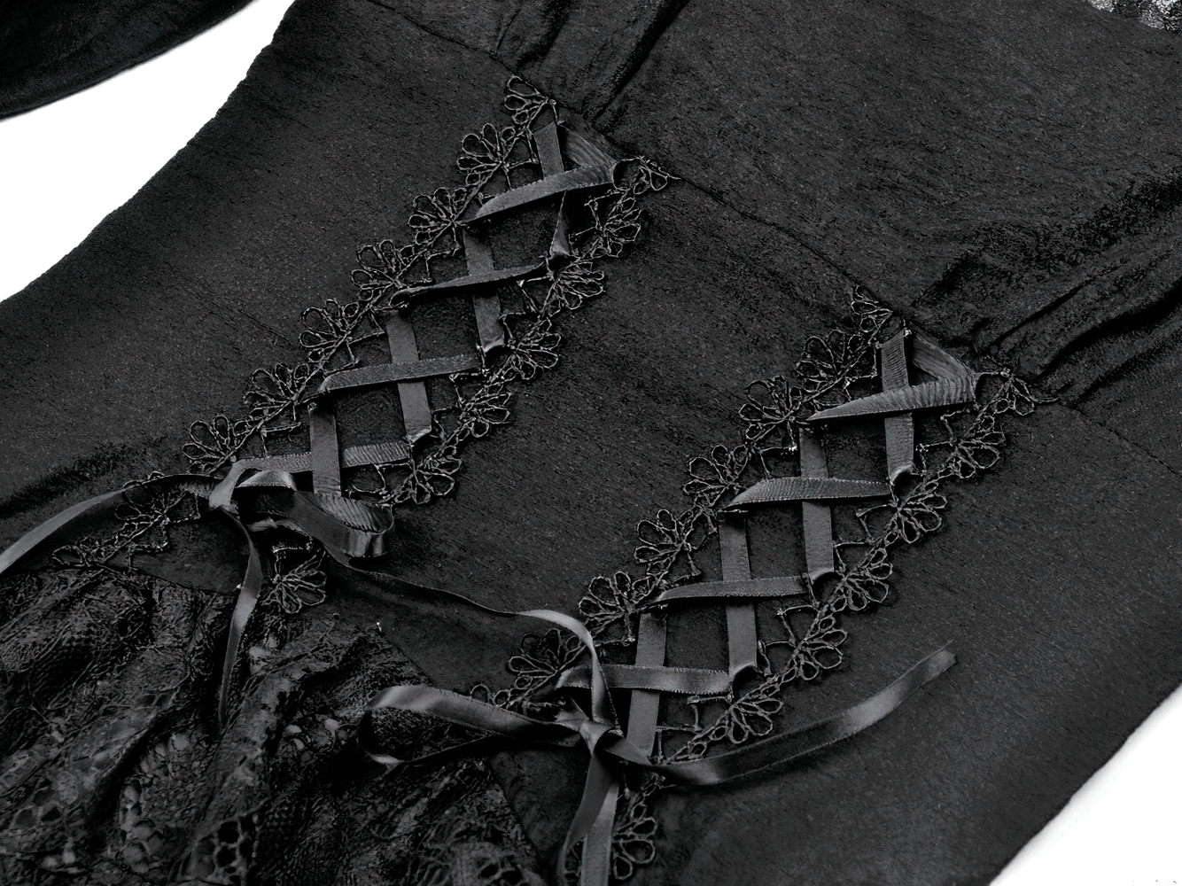 Gothic Black Lace Medieval Dress with Corset Detail featuring intricate satin ribbon lacing and lace embellishments.