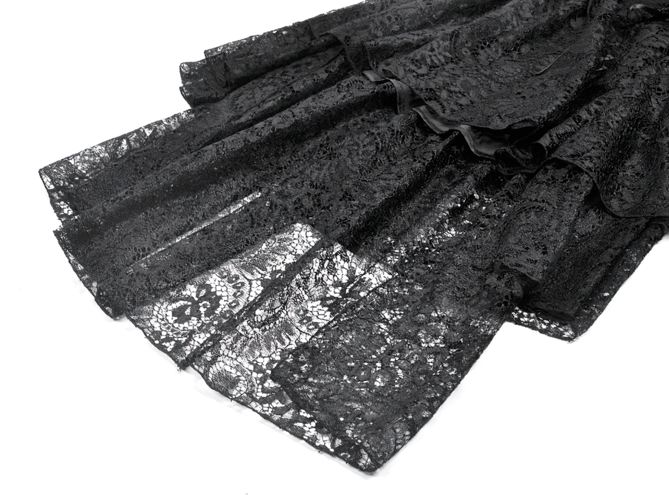 Gothic Black Lace Medieval Dress with Corset Detail showcasing layered black lace fabric for a vintage gothic look.