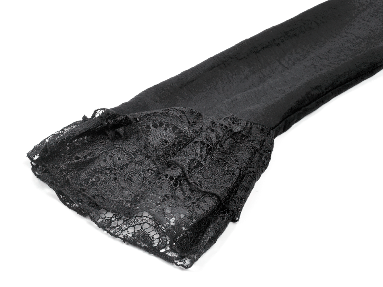 Gothic Black Lace Medieval Dress with Corset Detail black lace sleeve featuring flared lace cuffs, perfect for gothic style.