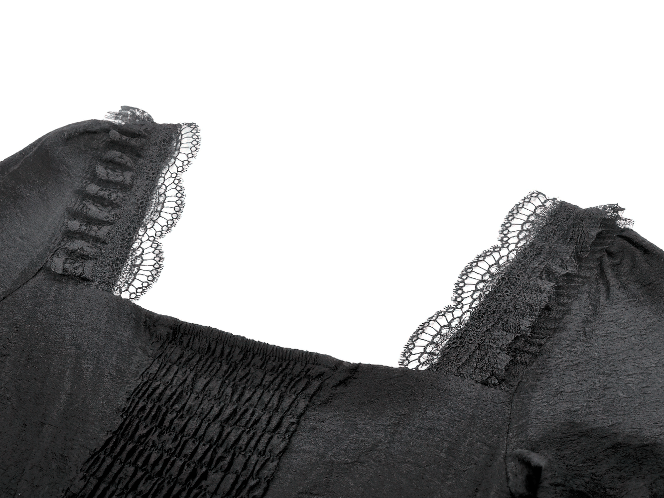 Gothic Black Lace Medieval Dress with Corset Detail featuring intricate lace neckline and puff sleeves