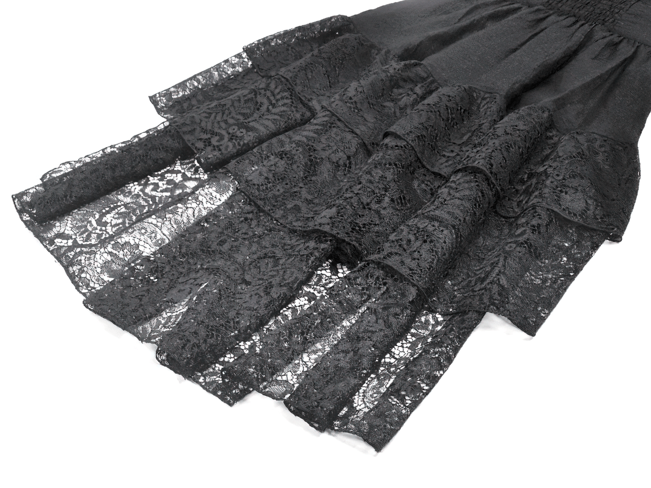 Gothic Black Lace Medieval Dress with Corset Detail showcasing layered lace hem and intricate black lace design.