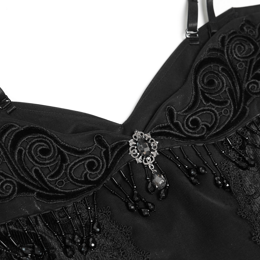 Gothic Black Lace Off-Shoulder Dress with Ruffles and Beads detail, featuring intricate embroidery and stunning beadwork.