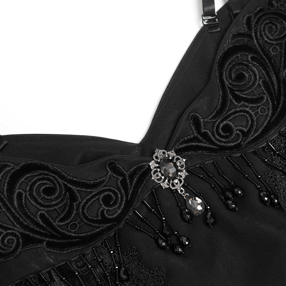 Gothic Black Lace Off-Shoulder Dress with Ruffles and Beads detailing showcasing intricate beading and lace design.