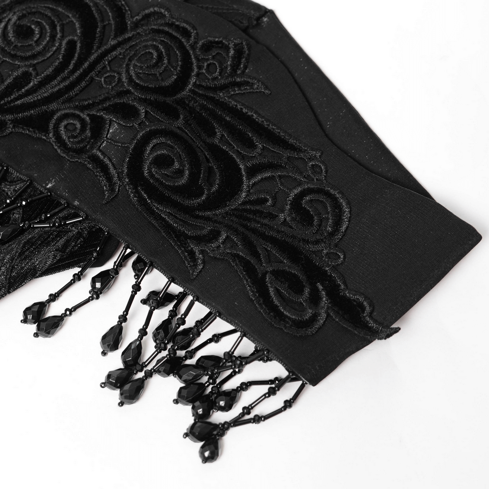 Gothic Black Lace Off-Shoulder Dress with Ruffles and Beads intricate embroidered black lace detail with beads.