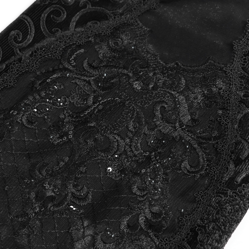 Gothic Black Lace Off-Shoulder Dress with Ruffles and Beads, featuring intricate lace detailing and bead embellishments.