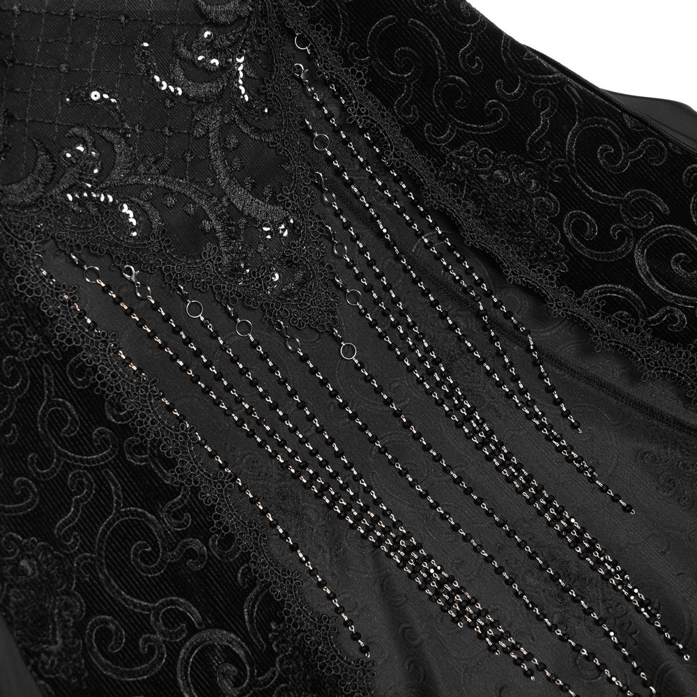 Gothic Black Lace Off-Shoulder Dress with Ruffles and Beads featuring intricate beaded detailing and elegant lace design.