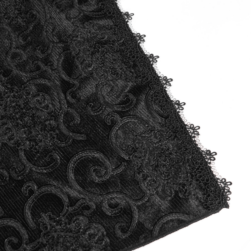 Gothic Black Lace Off-Shoulder Dress with Ruffles and Beads fabric detail showing intricate black lace pattern and edging.