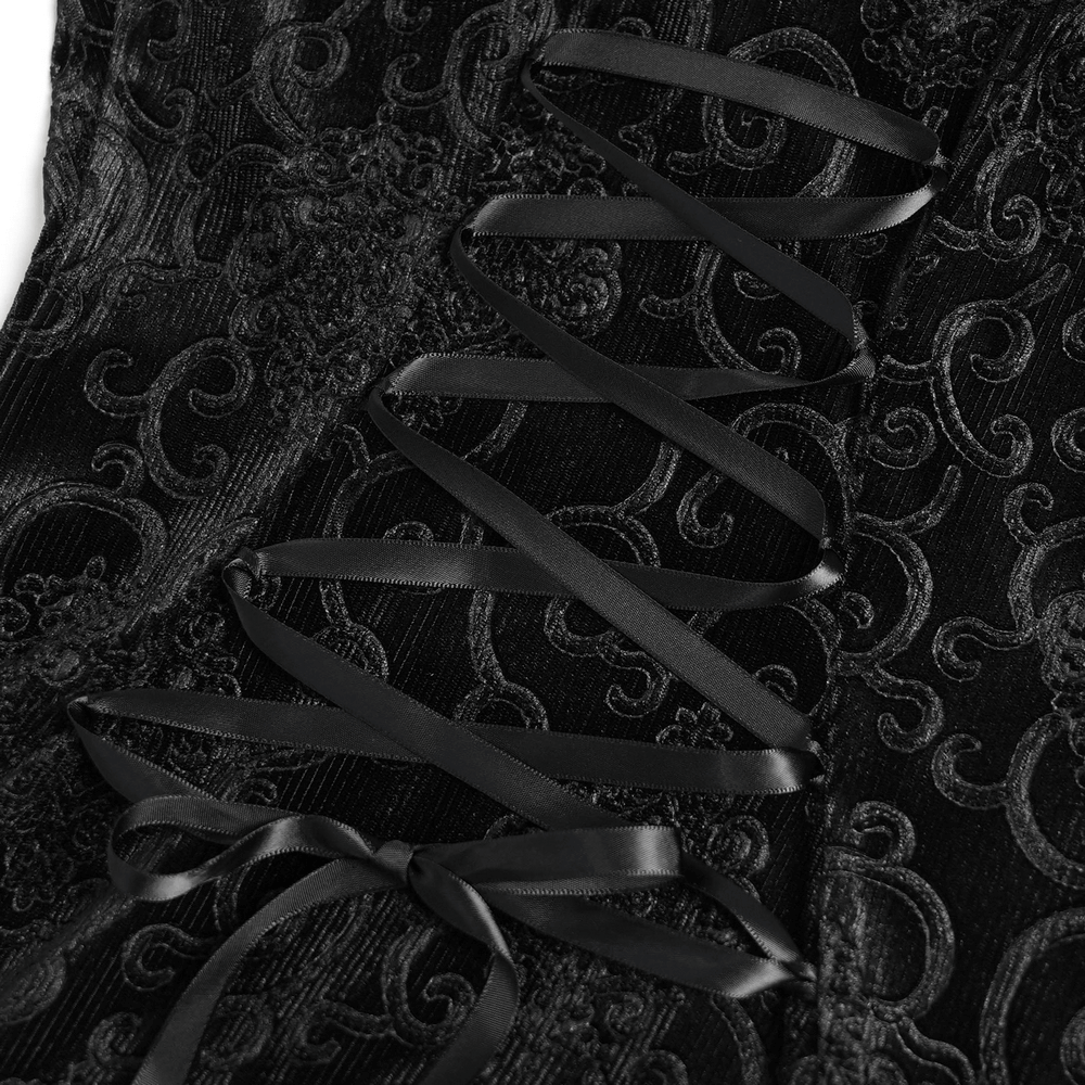 Gothic Black Lace Off-Shoulder Dress with Ruffles and Beads showing detailed lace patterns and black ribbons.