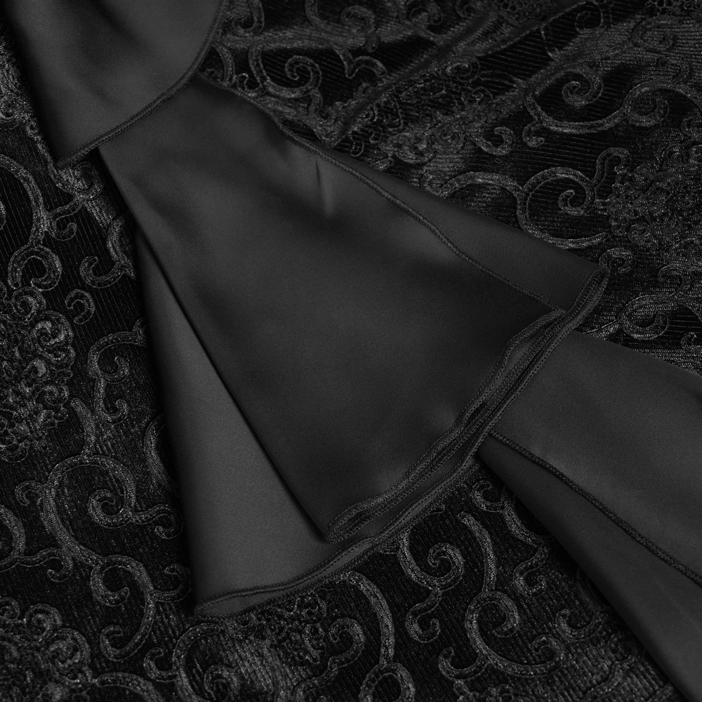 Gothic Black Lace Off-Shoulder Dress with Ruffles and Beads close-up of intricate lace detailing and flowing cape.