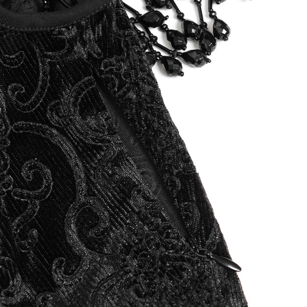 Close-up of the Gothic Black Lace Off-Shoulder Dress with Ruffles and Beads showing intricate detailing and bead accents.
