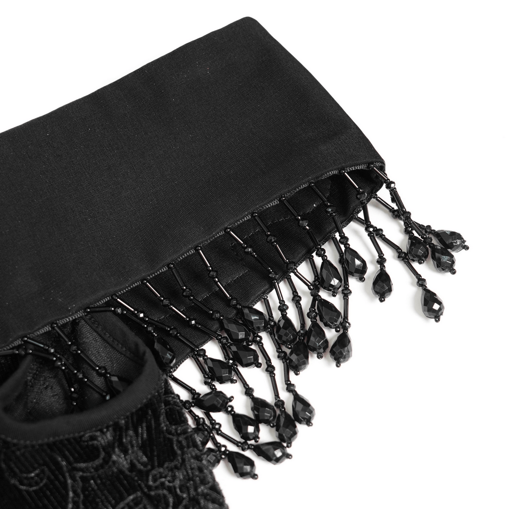 Gothic Black Lace Off-Shoulder Dress with Ruffles and Beads close-up of ruffled lace and beaded detail.