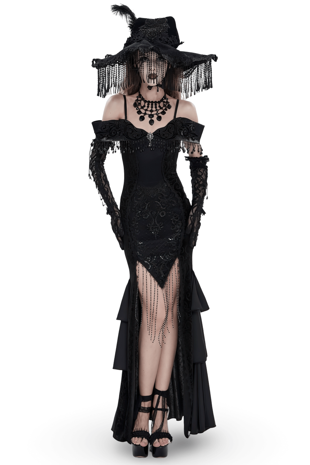 Gothic Black Lace Off-Shoulder Dress with Ruffles and Beads featuring lace sleeves and a dramatic flowing cape.