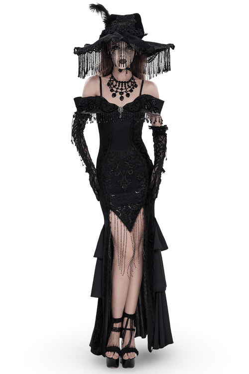 Gothic Black Lace Off-Shoulder Dress with Ruffles and Beads