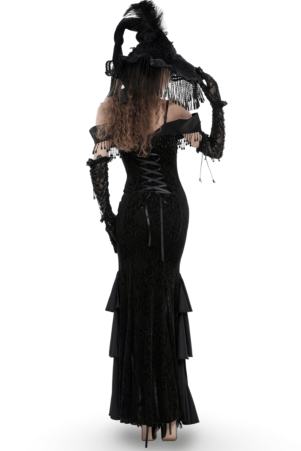 Gothic Black Lace Off-Shoulder Dress with Ruffles and Beads, showcasing the back with dramatic detailing and elegant lace.