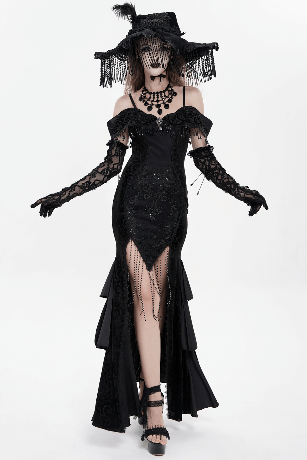 Gothic Black Lace Off-Shoulder Dress with Ruffles and Beads featuring intricate details and accessories.