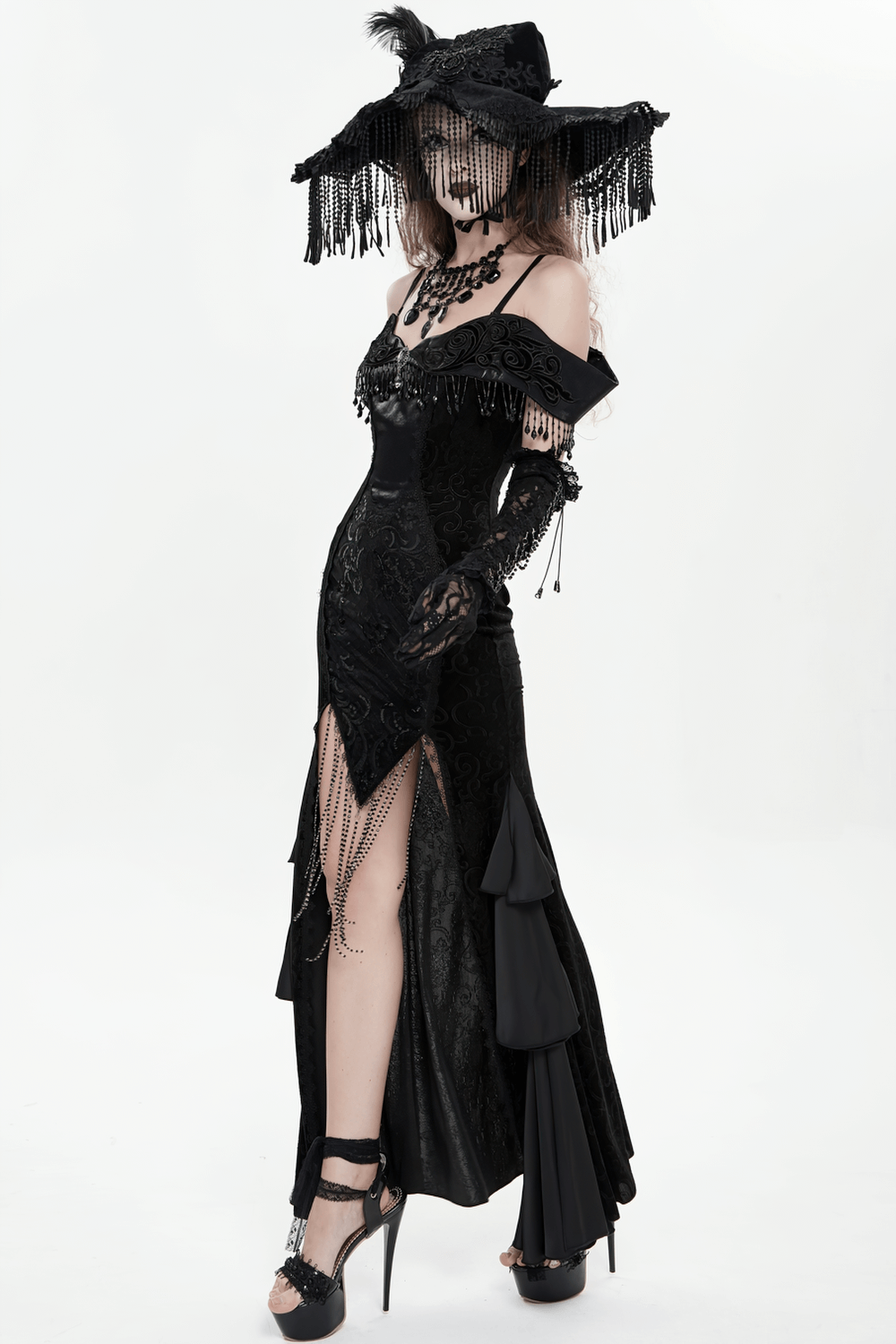Gothic Black Lace Off-Shoulder Dress with Ruffles and Beads worn by a model in a dramatic pose, showcasing elegant details.