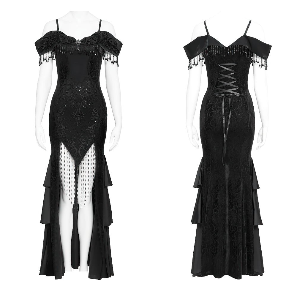 Gothic Black Lace Off-Shoulder Dress with Ruffles and Beads featuring intricate design and elegant flow.