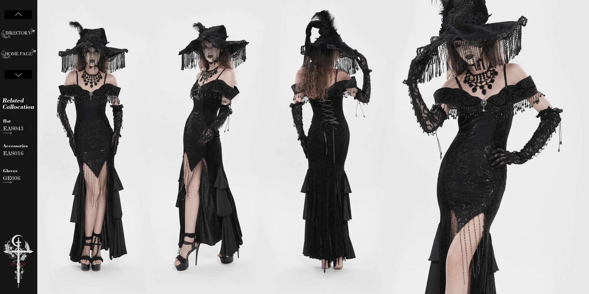 Gothic Black Lace Off-Shoulder Dress with Ruffles and Beads showcased on a model wearing a dramatic witch hat.