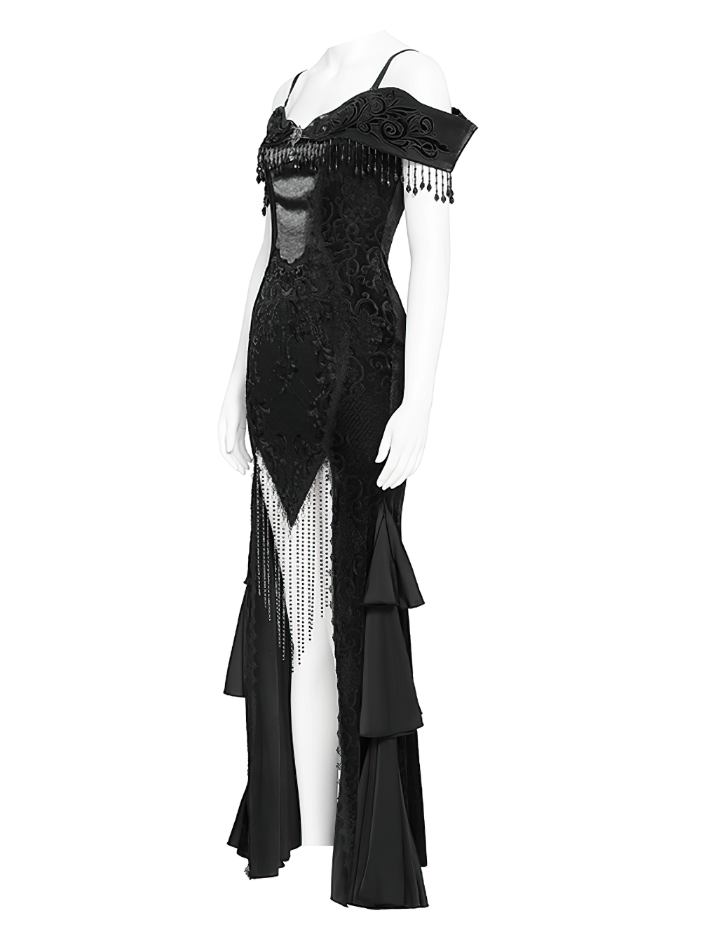Gothic Black Lace Off-Shoulder Dress with Ruffles and Beads showcasing beaded lace and flowing cape details.
