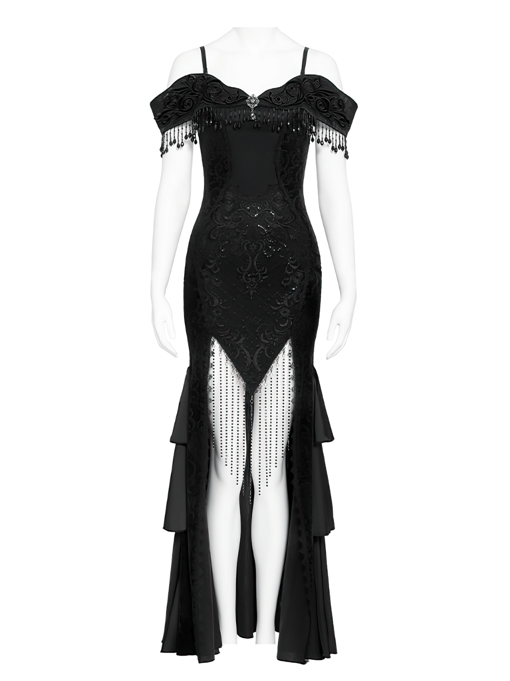 Gothic Black Lace Off-Shoulder Dress with Ruffles and Beads featuring intricate detailing and ruffled skirt.