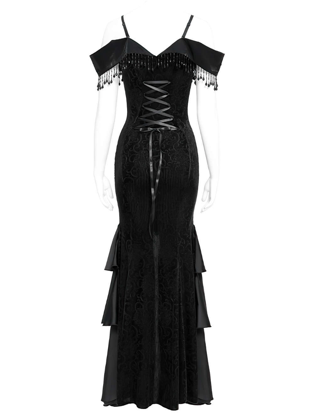 Gothic Black Lace Off-Shoulder Dress with Ruffles and Beads showcasing the back view with intricate lace and ruffles.