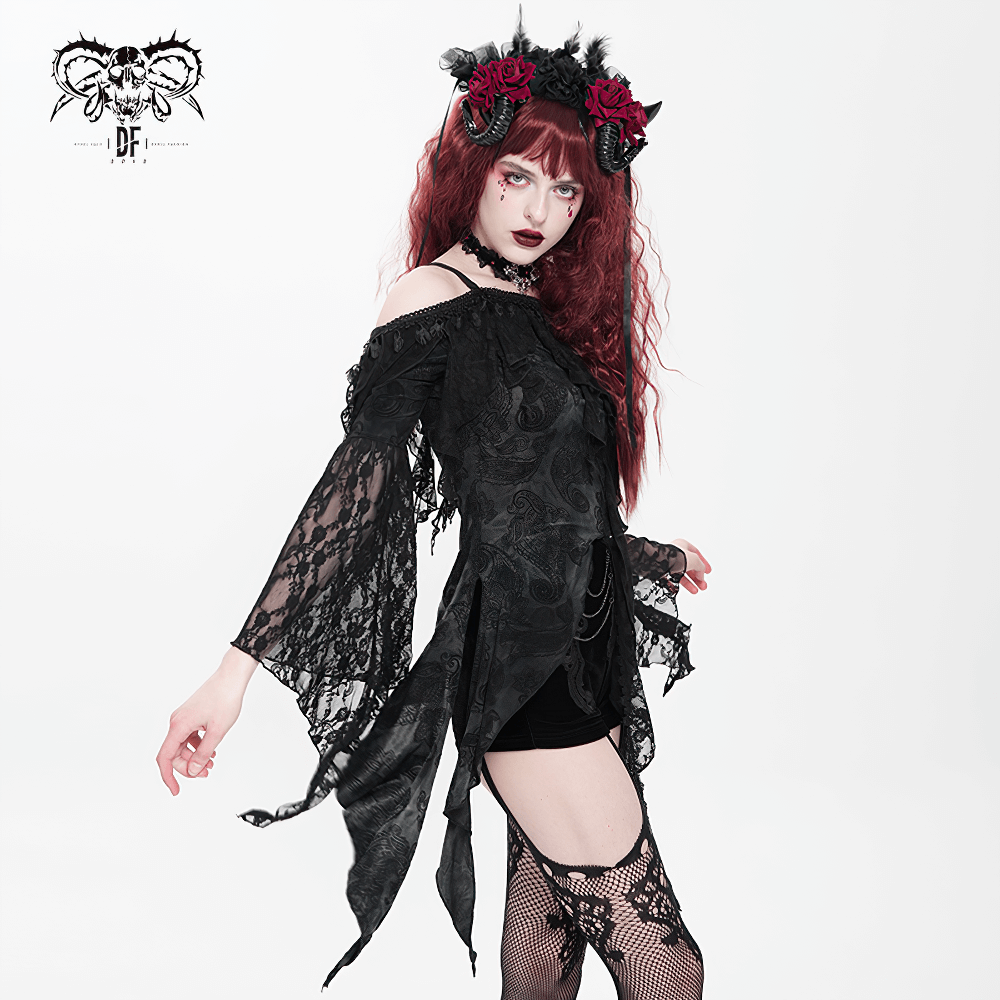 Gothic black lace off-shoulder top with flared sleeves, perfect for a stylish, dark outfit.