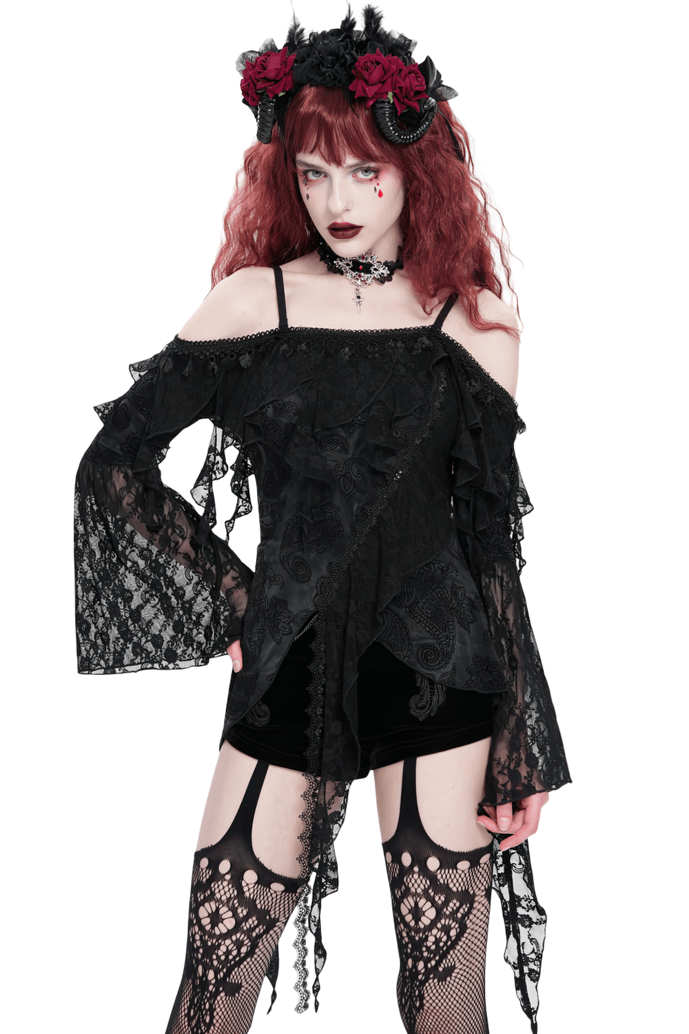 Gothic black lace off-shoulder top with flared sleeves, romantic floral details, and asymmetric hem.