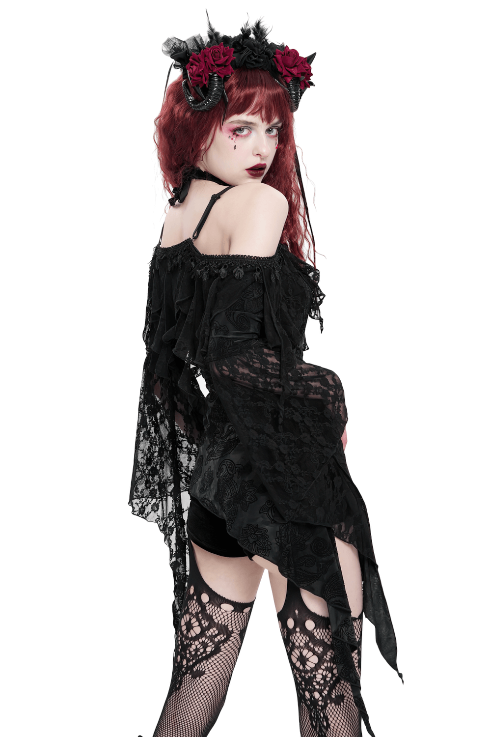 Gothic black lace off-shoulder top with flared sleeves and floral accents, showcasing a dramatic romantic style.