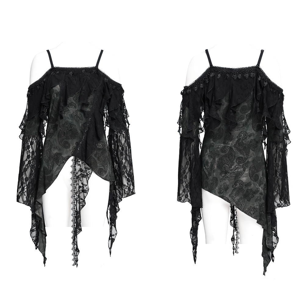 Gothic black lace off-shoulder top with flared sleeves and asymmetric hem, perfect for a romantic gothic outfit.