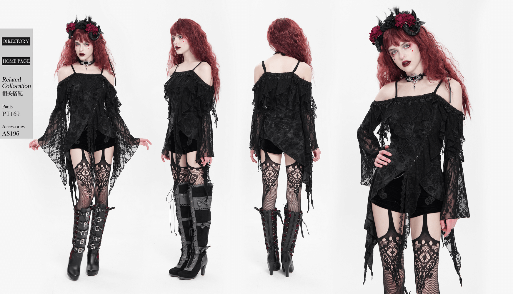 Gothic black lace off-shoulder top with flared sleeves and ruffle details, paired with edgy lace stockings and thigh-high boots.