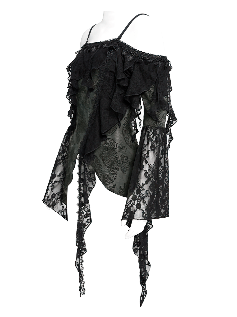 Gothic black lace off-shoulder top with flared sleeves and ruffled details for a dramatic touch.
