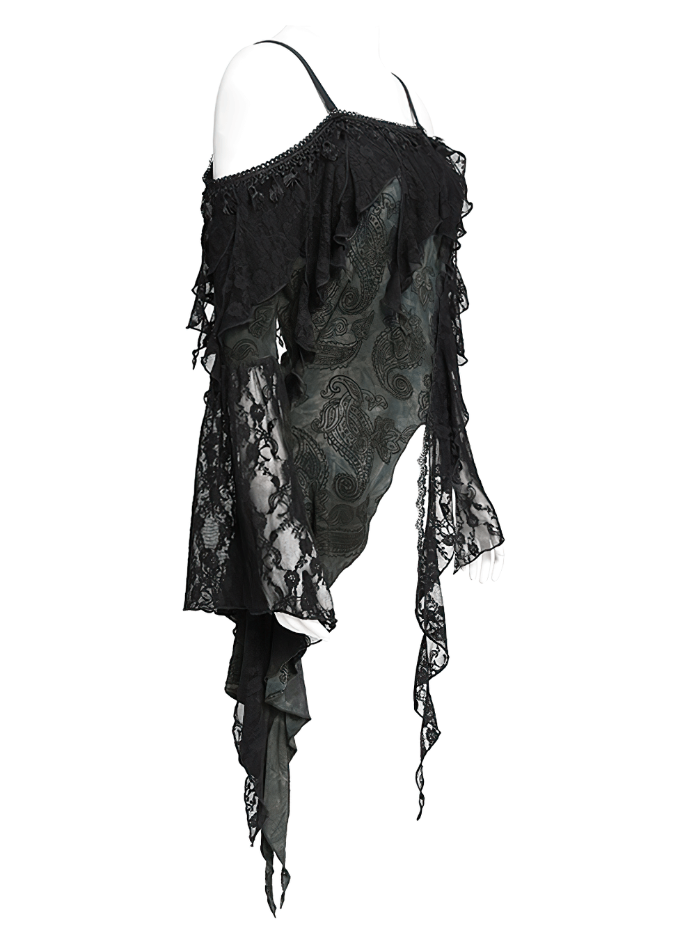 Gothic black lace off-shoulder top with flared sleeves and asymmetric hem for a romantic look.