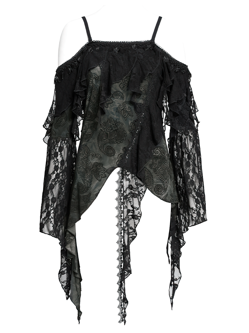 Gothic black lace off-shoulder top with flared sleeves and asymmetric hem for a romantic gothic vibe.
