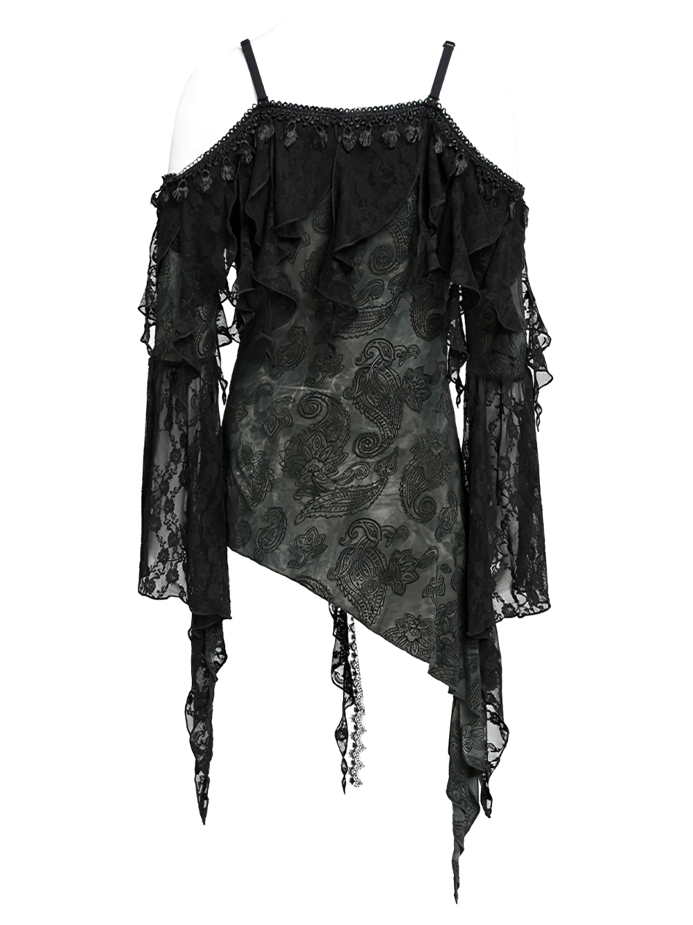 Gothic black lace off-shoulder top with flared sleeves and asymmetric hem, romantic floral design.