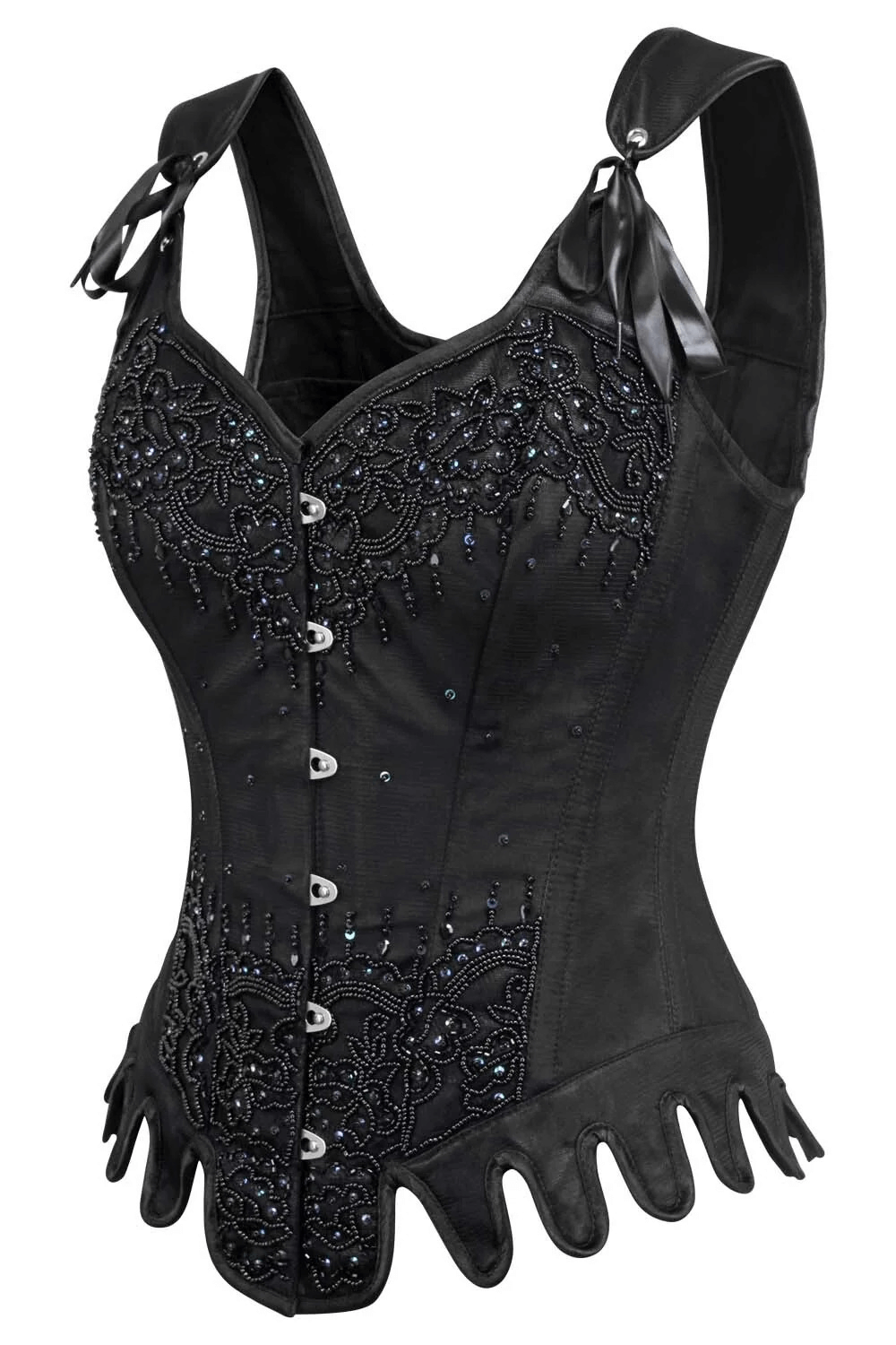 Alt Tag: Gothic Black Lace Overlay Overbust Corset with Straps, steel boning busk closure, lace bead details, ribbon straps, scalloped hem