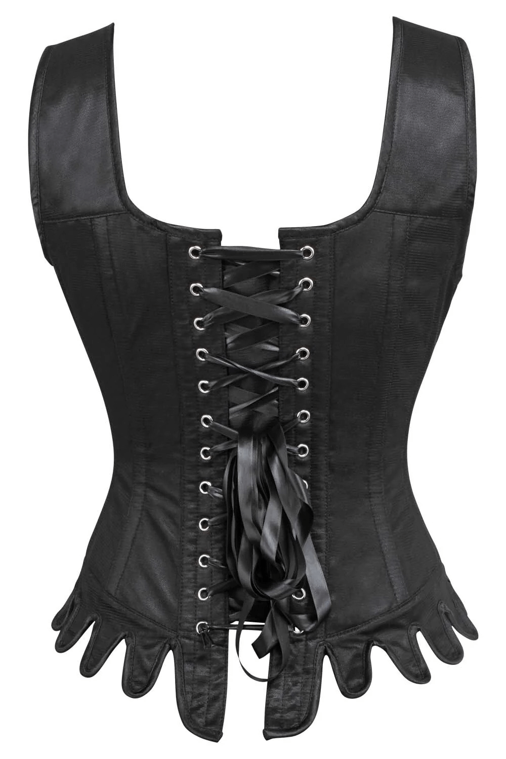 Alt Tag: Gothic Black Lace Overlay Overbust Corset with Straps, black satin overbust with back ribbon lacing and scalloped hem