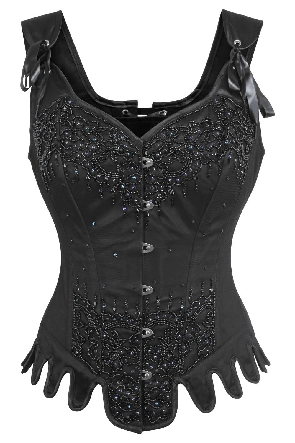 Alt Tag: Gothic Black Lace Overlay Overbust Corset with Straps, black beaded lace bustier with steel boning, front busk closure, ribbon straps