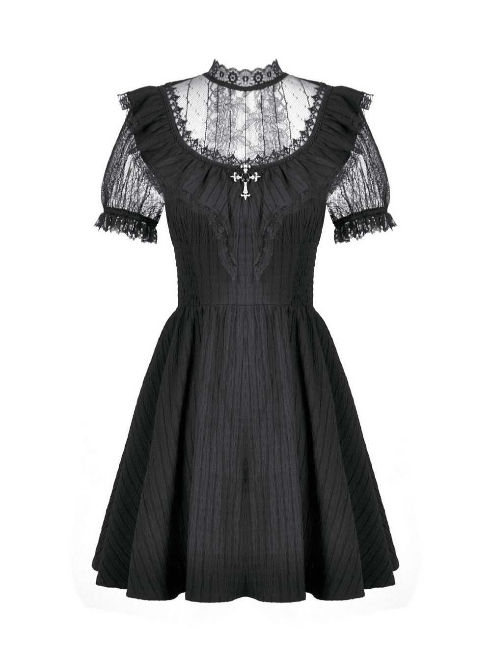 Gothic Black Lace Puff Sleeve Dress with Cross Pendant in elegant design and delicate puffed sleeves.