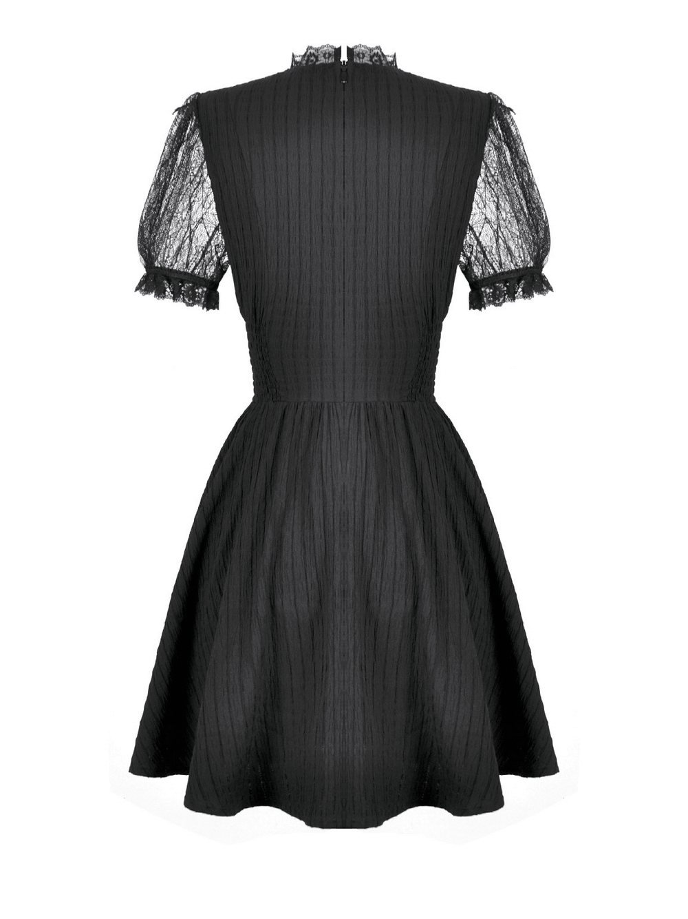 Gothic Black Lace Puff Sleeve Dress with Cross Pendant - back view showcasing lace puff sleeves and flowing skirt.