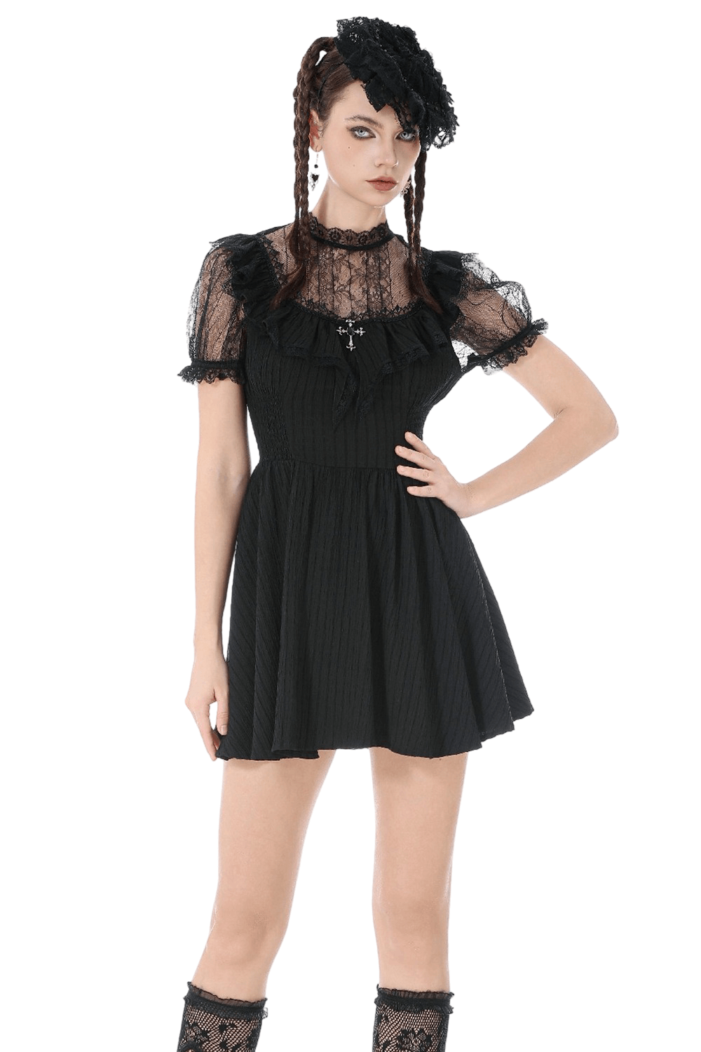 Gothic Black Lace Puff Sleeve Dress with Cross Pendant worn by model, showcasing its elegant design and flattering fit.