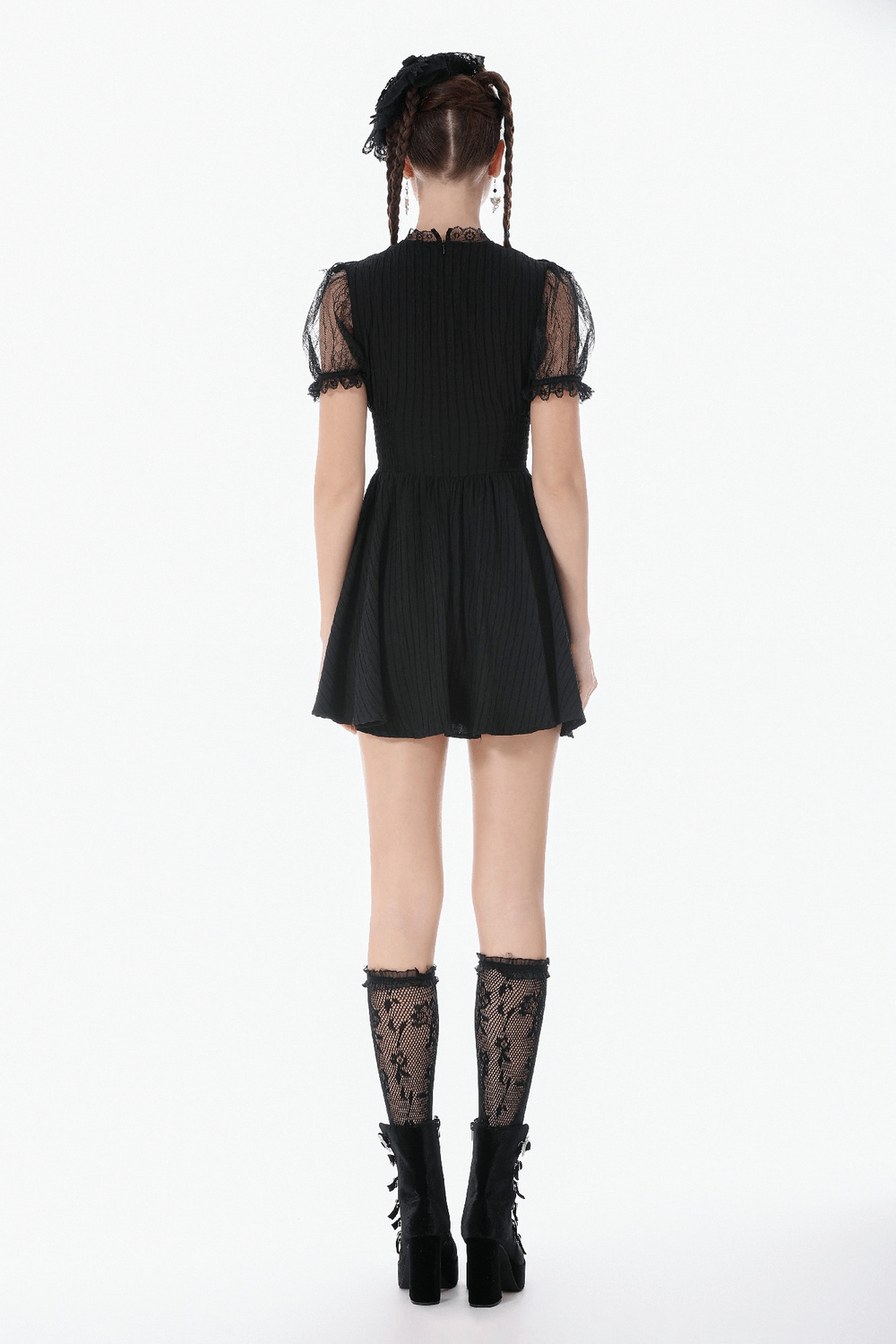 Gothic Black Lace Puff Sleeve Dress with Cross Pendant back view, featuring puffed sleeves and flirty skirt.