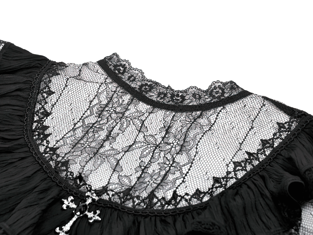 Gothic Black Lace Puff Sleeve Dress with Cross Pendant showcasing intricate black lace neckline and puffed sleeves.