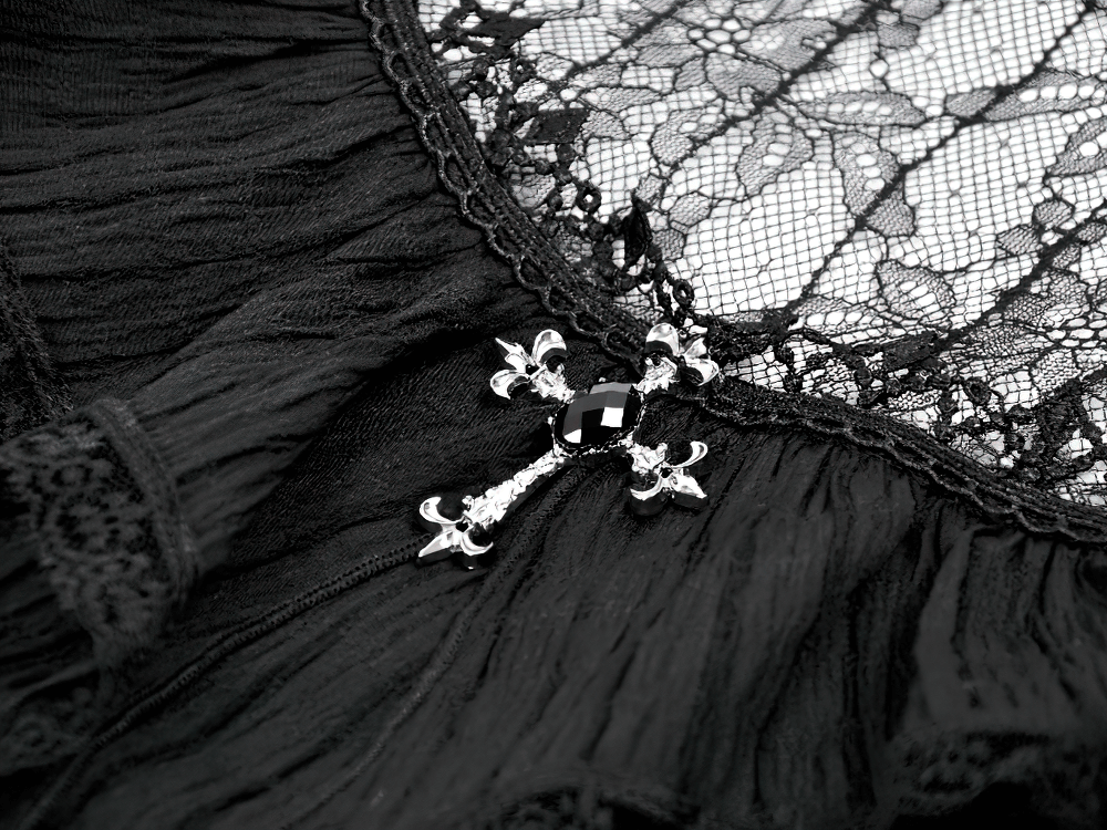 Close-up of Gothic Black Lace Puff Sleeve Dress with Cross Pendant showcasing lace and cross details.