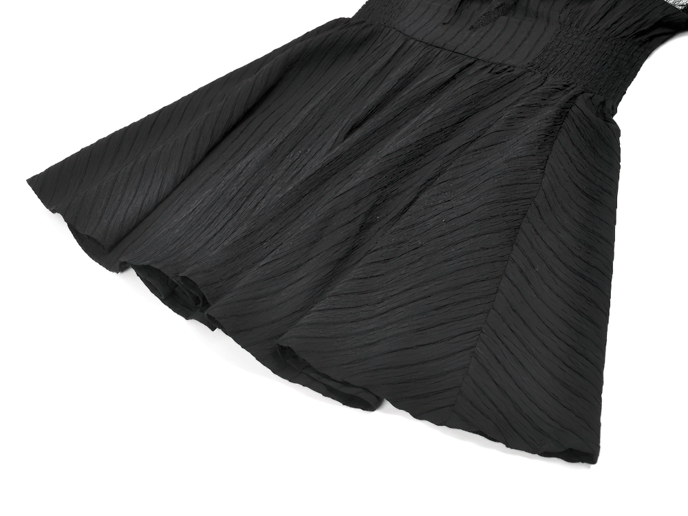 Gothic Black Lace Puff Sleeve Dress with Cross Pendant - detailed view of the elegant black fabric and pleated style.