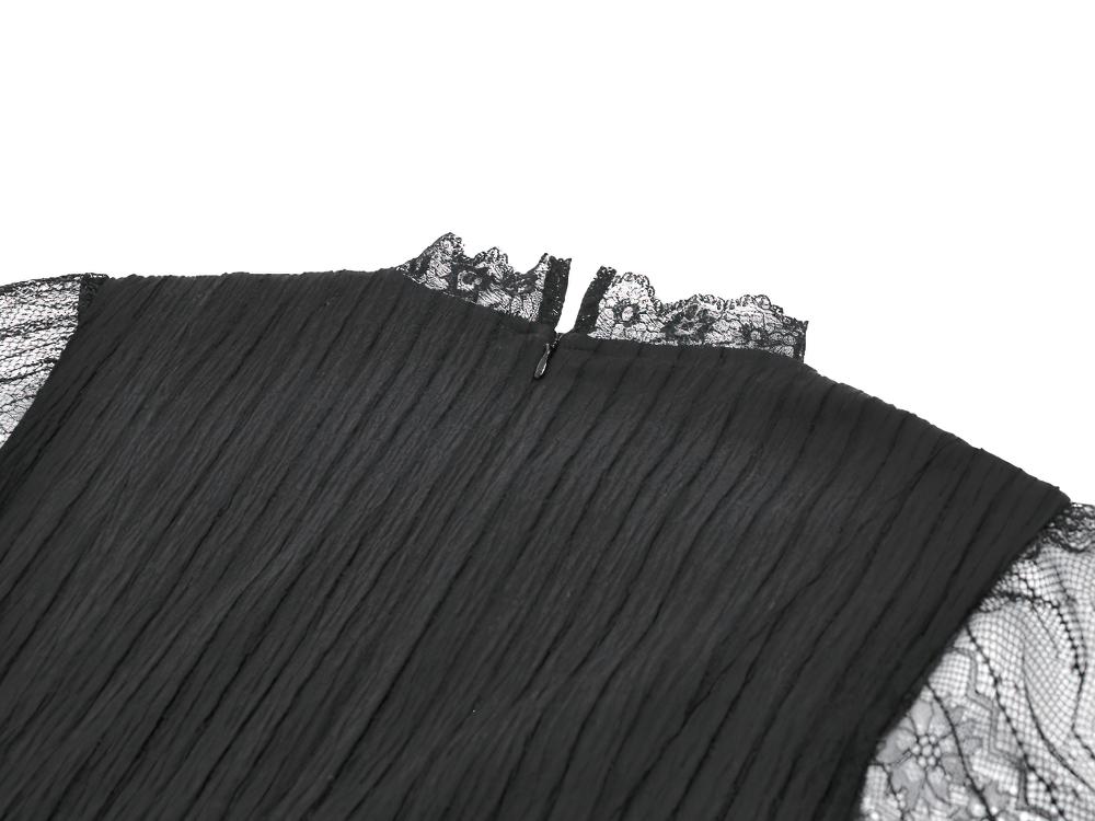 Gothic Black Lace Puff Sleeve Dress with Cross Pendant back view showing lace detail and zip closure.