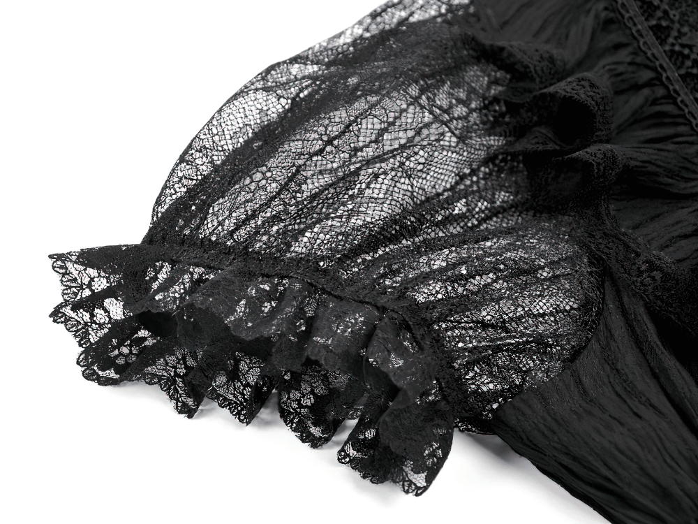 Gothic Black Lace Puff Sleeve Dress with Cross Pendant close-up of intricate lace sleeve detail.