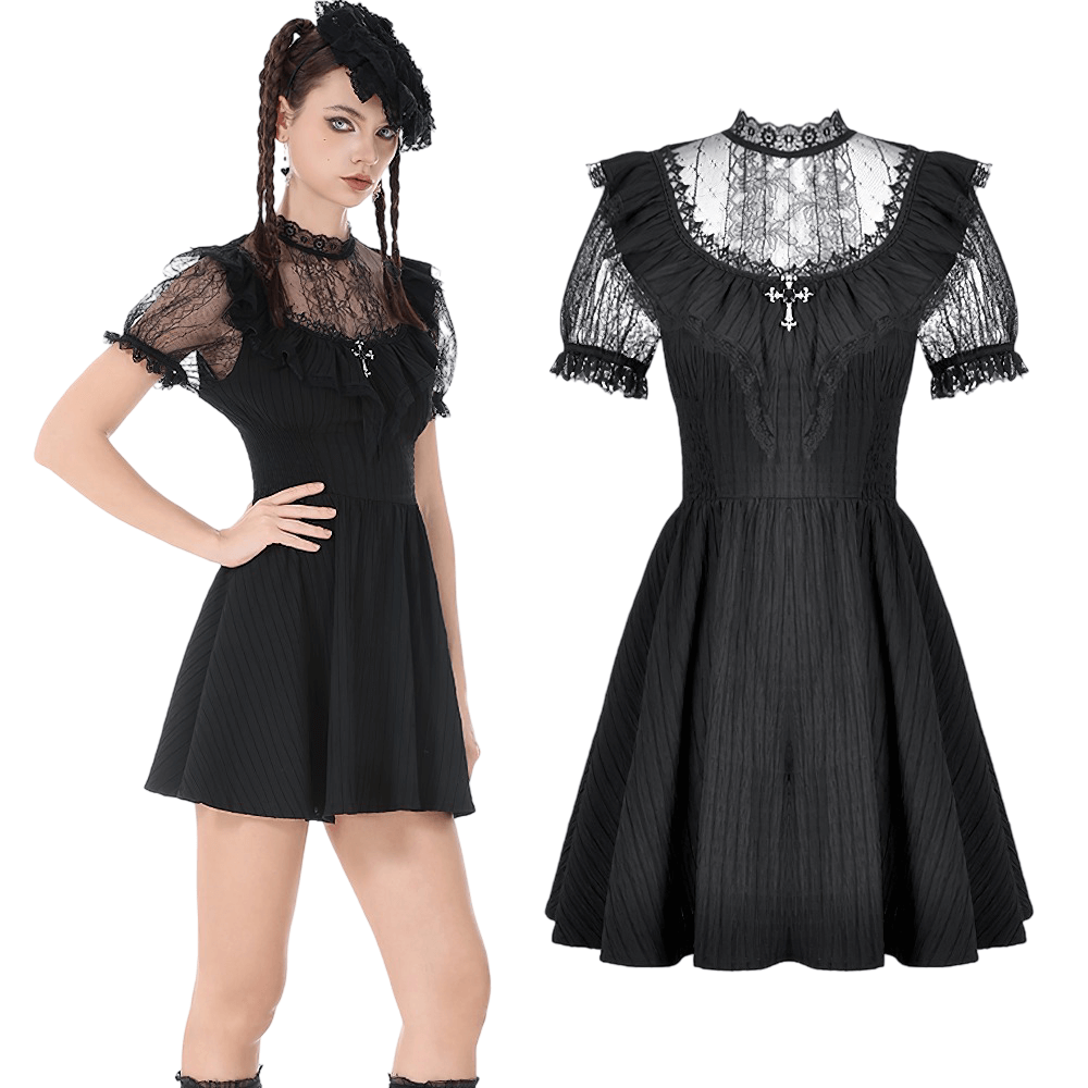 knee length dresses for ladies Gothic Black Lace Puff Sleeve Dress with Cross Pendant